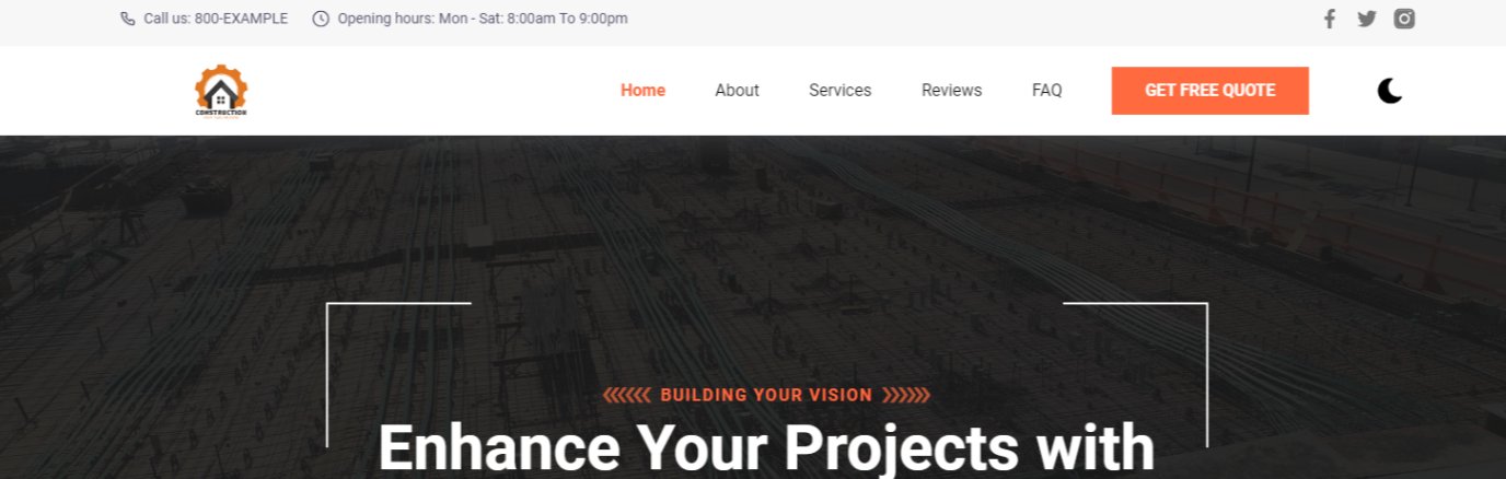 Home page of the Magnolia Construction site, showing a contact bar, navigation and a hero reading Enhance your projects with our innovative construction solutions